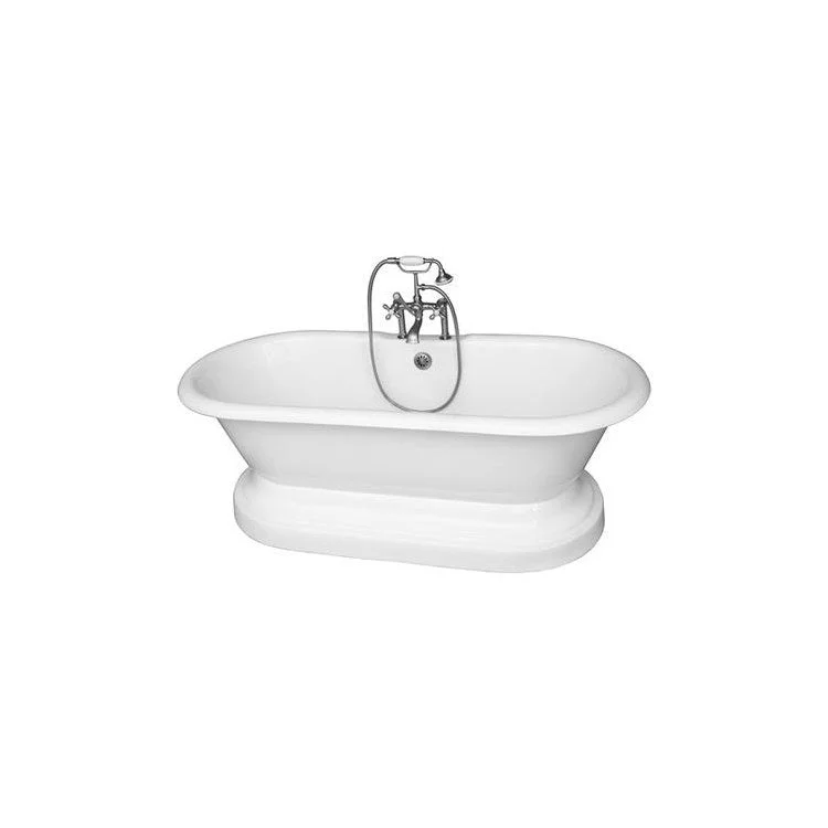 Tub Kit Duet 67 Inch Cast Iron White Kit Includes Brushed Nickel Tub Filler with Handshower On Base 24 Inch Straight Bath Supplies and Tub Drain Elephant Spout Metal Cross Handles Ceramic Disc Cartridges Cradle 60 Inch Hose 55 Gallon Capacity