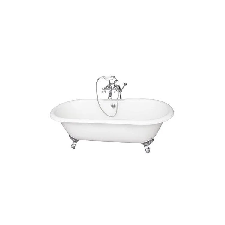 Tub Kit Duet 67 Inch Cast Iron White Kit Includes Polished Chrome Tub Filler with Handshower 30 Inch Freestanding Bath Supplies and Tub Drain Imperial Feet Elephant Spout Metal Cross Handles Ceramic Disc Cartridges Cradle 60 Inch Hose 55 Gallon Capacity