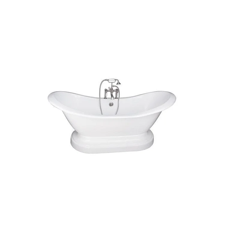 Tub Kit Marshall Freestanding 72 Inch Cast Iron White Includes Brushed Nickel Tub Filler On Base Straight Bath Supplies Leg Tub Drain Elephant Spout Porcelain Lever Handles in White Cradle 60 Inch Hose 43-1/2 Gallon Capacity