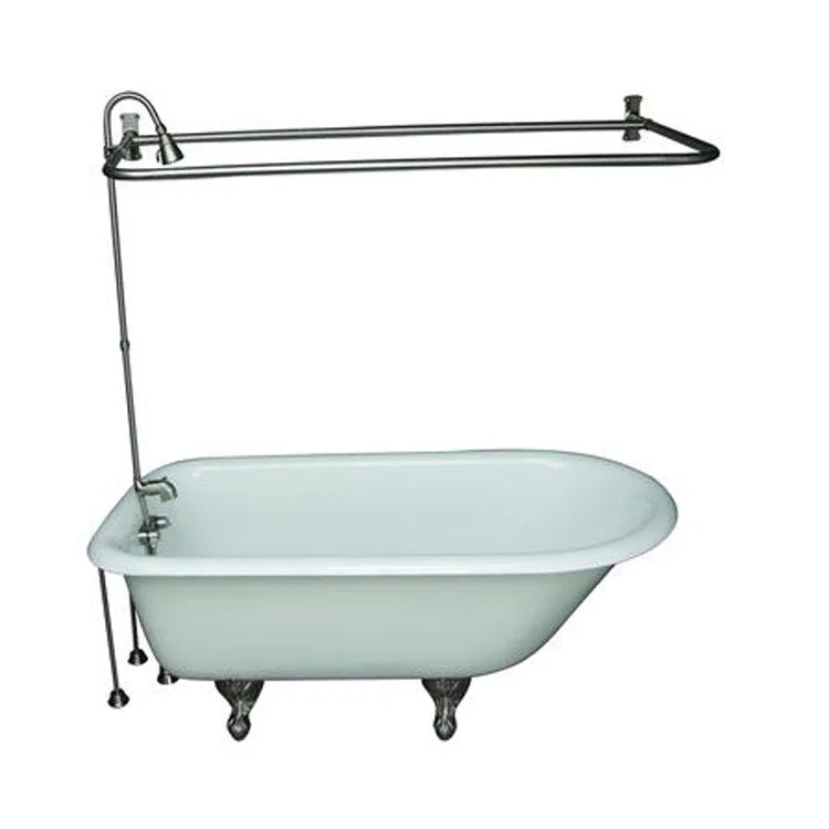 Tub Kit Bartlett Freestanding 60 Inch Cast Iron White Includes Brushed Nickel Tub Filler 56 Inch Riser 54 Inch D Shower Rod 24 Inch Double Offset Tub Supplies & Tub Drain Non-Skid Strips Clawfoot Metal Lever Handles 40 Gallon Capacity