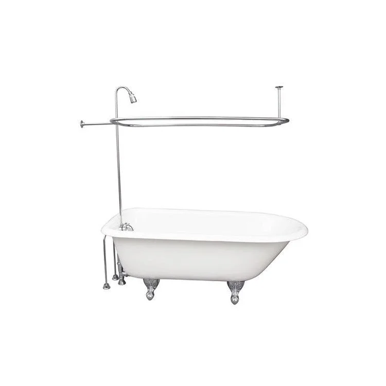 Tub Kit Brocton Freestanding 68 Inch Cast Iron White Includes Polished Chrome Tub Filler 62 Inch Riser Showerhead Rectangular Shower Ring 24 Inch Double Offset Tub Supplies & Tub Drain Non-Skid Strips Clawfoot Metal Lever Handles 57 Gallon Capacity