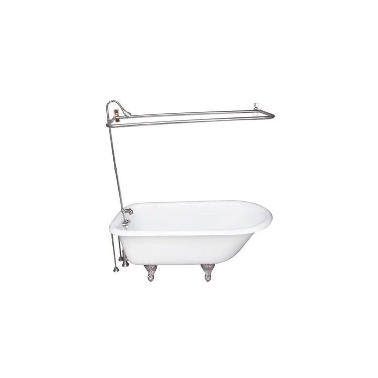 Tub Kit Brocton Freestanding 68 Inch Cast Iron White Includes Polished Chrome Tub Filler 56 Inch Riser 54 Inch D Shower Rod 24 Inch Double Offset Tub Supplies & Tub Drain Non-Skid Strips Clawfoot Porcelain Lever Handles 57 Gallon Capacity