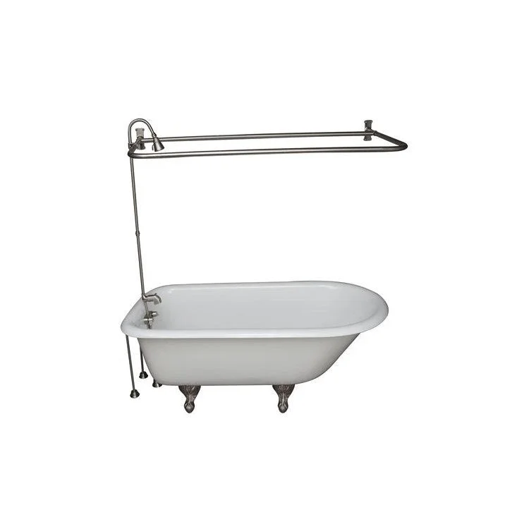 Tub Kit Brocton Freestanding 68 Inch Cast Iron White Includes Brushed Nickel Tub Filler 62 Inch Riser 54 Inch D Shower Rod 24 Inch Double Offset Tub Supplies & Tub Drain Non-Skid Strips Clawfoot Metal Lever Handles 57 Gallon Capacity