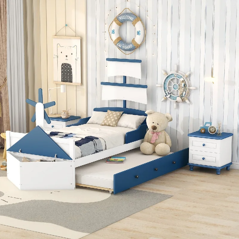 3-Pieces Bedroom Sets,Twin Size Boat-Shaped Platform Bed with Trundle and Two Nightstands