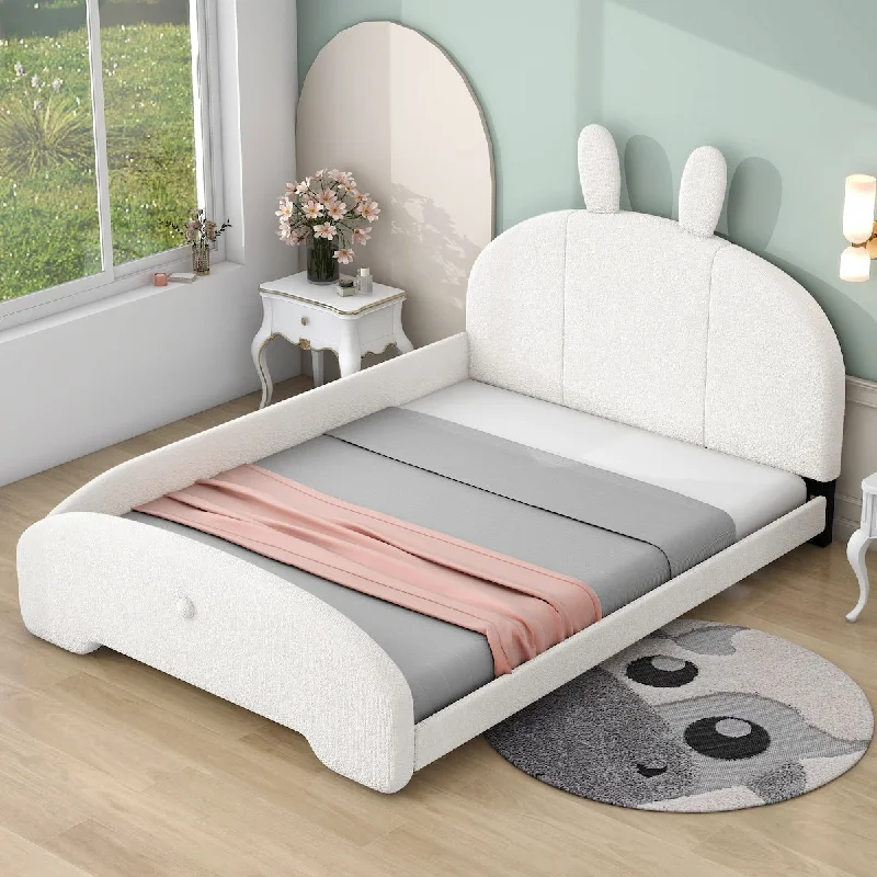 Adorable Full Size Upholstered Platform Bed with Cartoon Ears Shaped Headboard