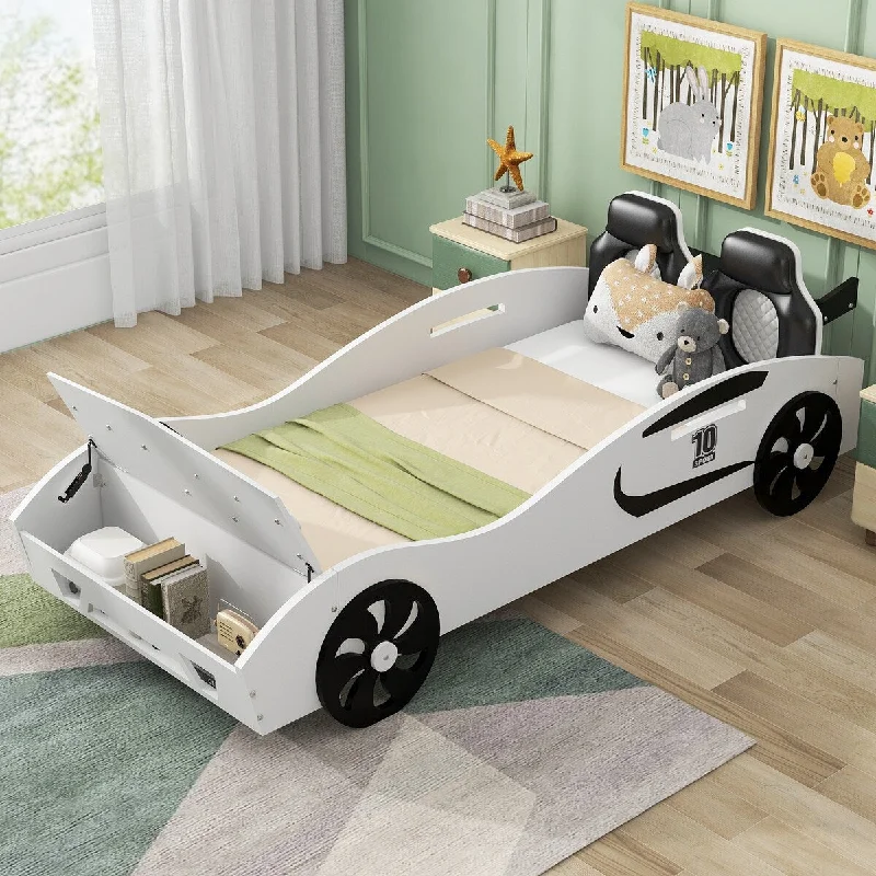 Adorable Twin Race Car-Shaped Platform Bed with Storage - White Pine