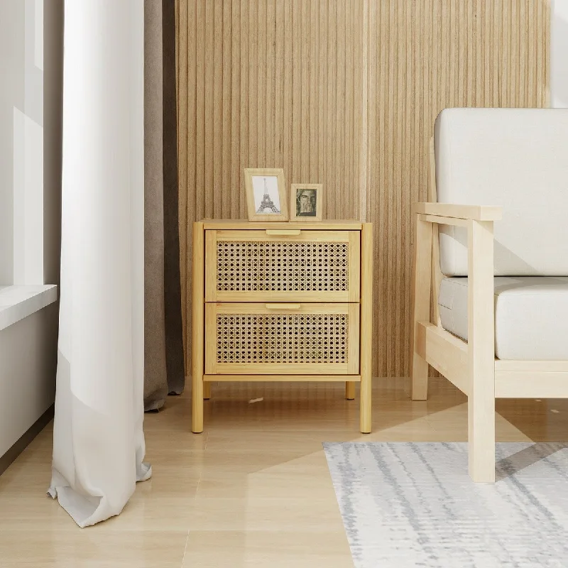 Bamboo and Rattan Mid Century Modern Nightstand with 2 Drawer End Table，for Bedroom Living Room