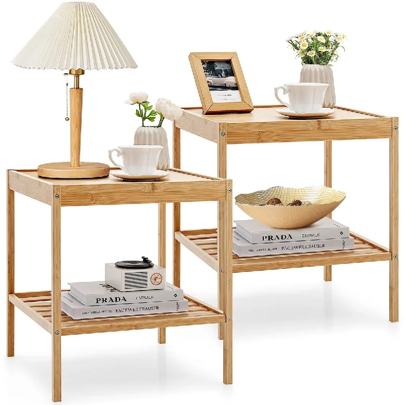 Bamboo Nightstands Set of 2, Square Bedside Table with Storage Shelf, Natural Wood End Side Table