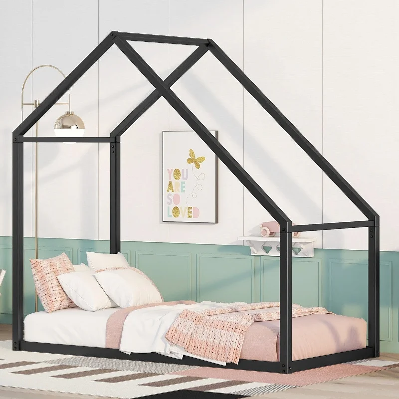 Black Metal House Bed for Kids