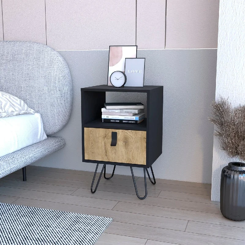 Black Natural Solid Wood Hairpin Leg Nightstand Bookcase Storage Cabinet Single Drawer for Bedroom