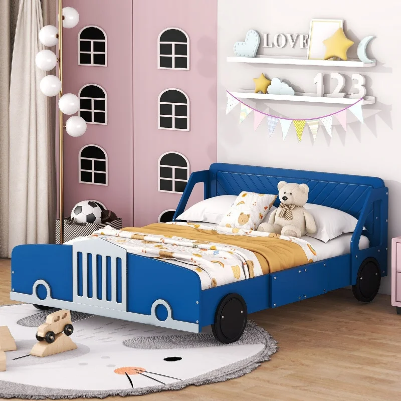 Blue Full Size Unique Car Platform Bed with Wheel Legs and LED lights