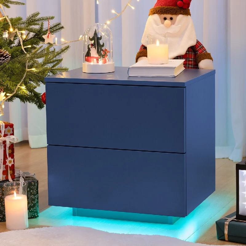 Blue LED Bedroom and Living Room Modern End Tables with 2 Drawers and Side Tables for Nightstands