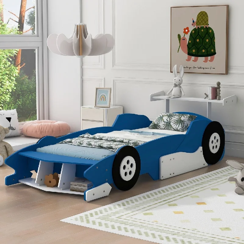 Blue Twin Size Cool Pine Wood Race Car Platform Bed, Rear Wing, Front Spoiler, Safety Rails