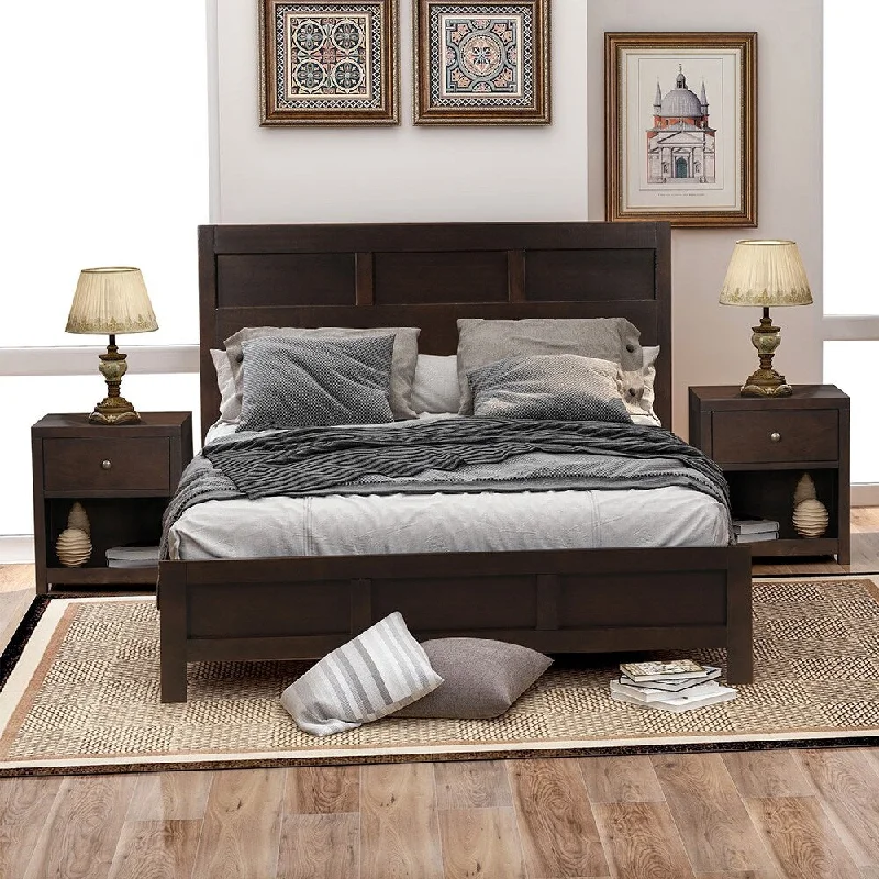 Classic Rich Brown 3 Pieces Full Bedroom Set ( Full Bed + Nightstand*2) No box Spring Required Collocation Support Leg