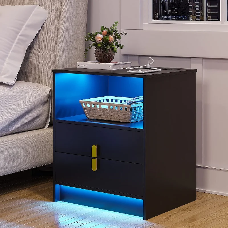 Color LED Nightstands,Smart Night Stand for Bedroom, Black Nightstand with 2USB charging station,Bedside Table