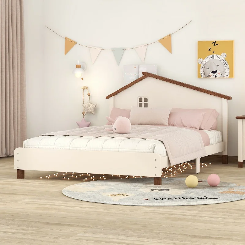 Cream Funny Design Full Size Platform Bed with House-Shaped Headboard