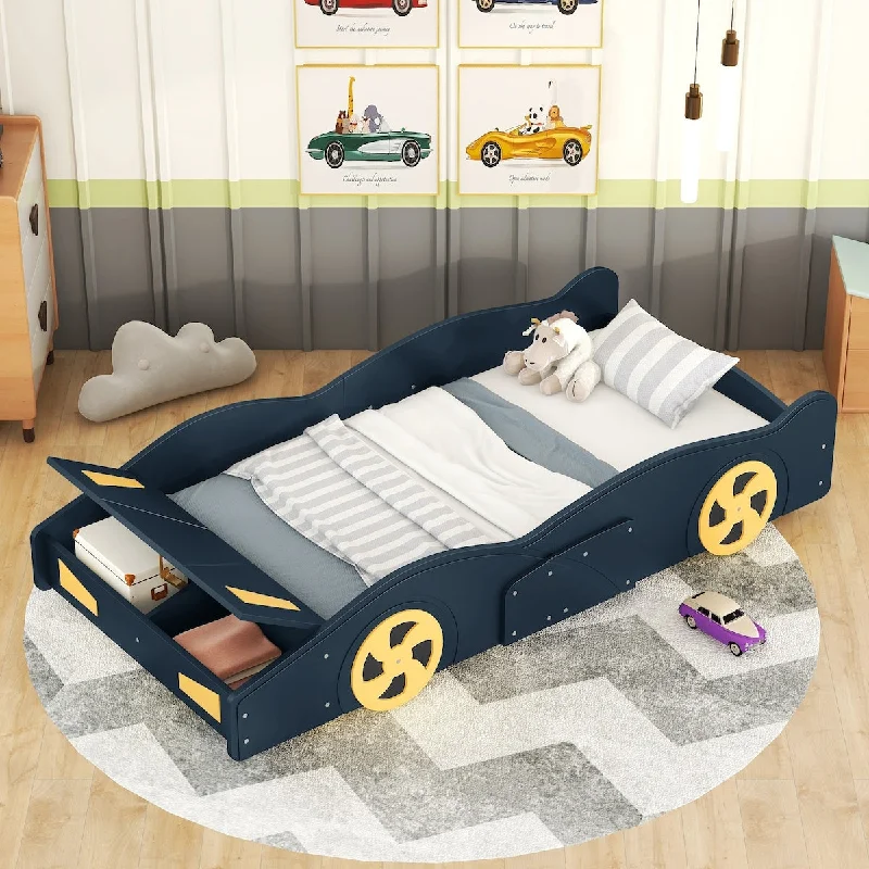 Dark Blue Twin Size Race Car-Shaped Platform Bed with Storage, Easy Assembly