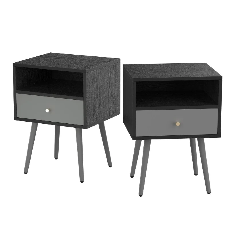 Dark Gray Wood and Metal Rustic Nightstands with 2 Drawers - Space-Saving Bedside Tables with Simple Assembly