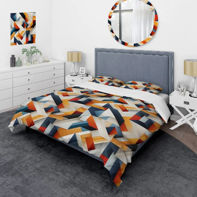 Designart "Orange And Grey Geometric Fusion " Orange Modern Bed Cover Set With 2 Shams