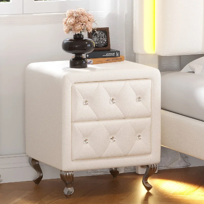 Elegant Nightstand with 2 Drawers and Crystal Handle,Fully Assembled Except Legs&Handles,Storage Bedside Table with Metal Legs