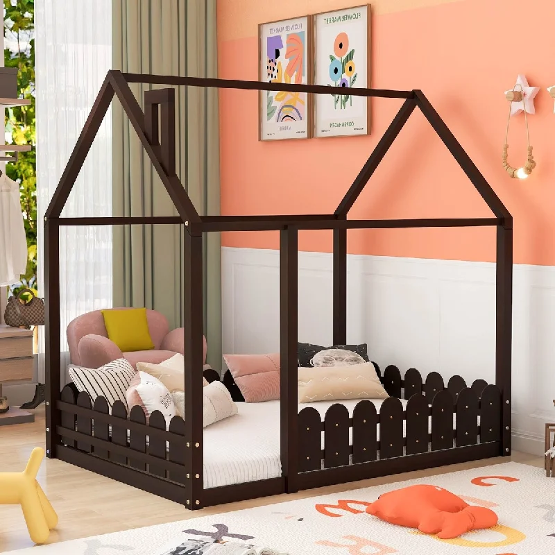 Espresso Pine Wood House Bed Frame, Fence, Roof, Kids, Teens, Girls, Boys