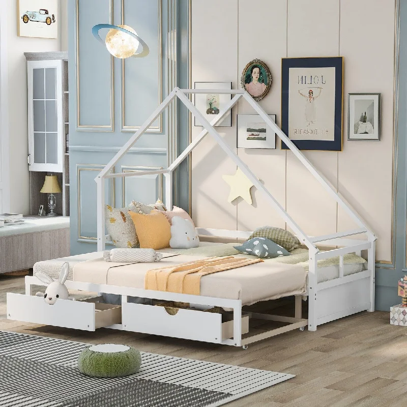 Extending Daybed with Two Drawers,en House Bed with Drawers, White