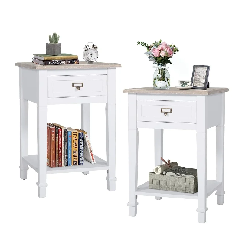 Farmhouse End Tables Nightstands White Set of 2 - Rustic Wooden Nightstands Set for Bedroom, Living Room Set of 2