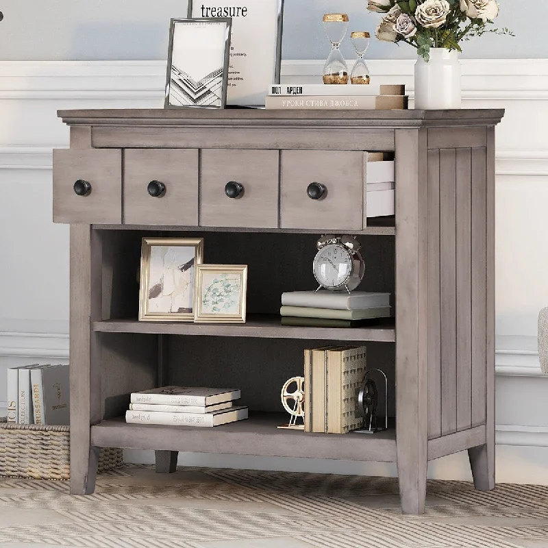 Farmhouse Storage Nightstand with 1 Drawer and 2 Open Shelves & Charging Design，for Living Room Bedroom