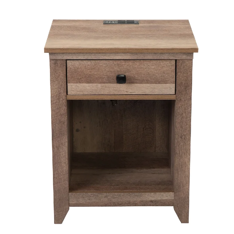 Farmhouse Wood Nightstand, Bedside Table with Drawer, Shelf and Usb Charging Station