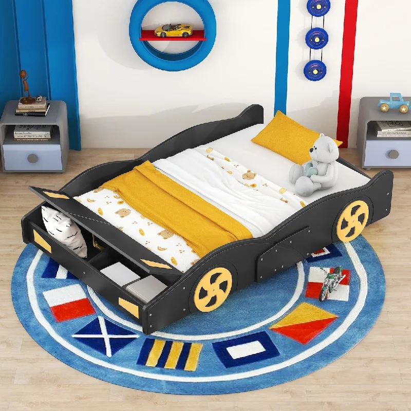 Full Size Race Car-Shaped Platform Bed with Storage