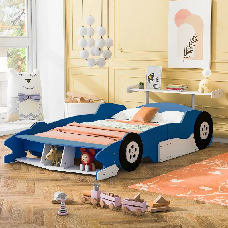 Full Size Solid Wood Race Car-Shaped Platform Bed with Headboard, Wheels, and Storage Rack