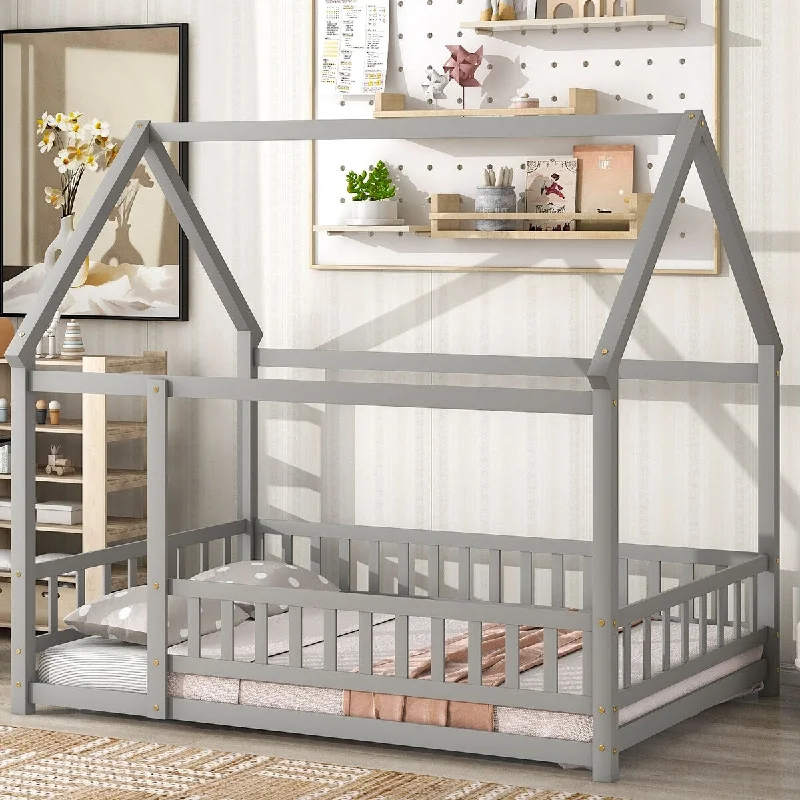 Full Size Toddler House Bed Frame,Solid Wood Floor Bed Frame,Grey