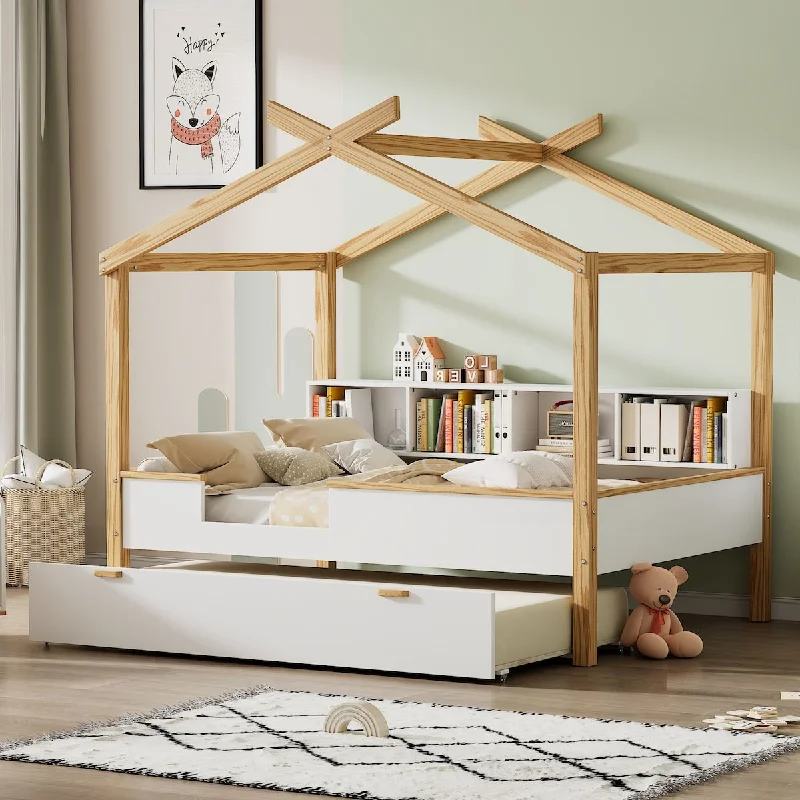 Full Size White House Bed with Natural Wood Frame, Twin Trundle, and Bookshelf Storage - Fun and Functional Design