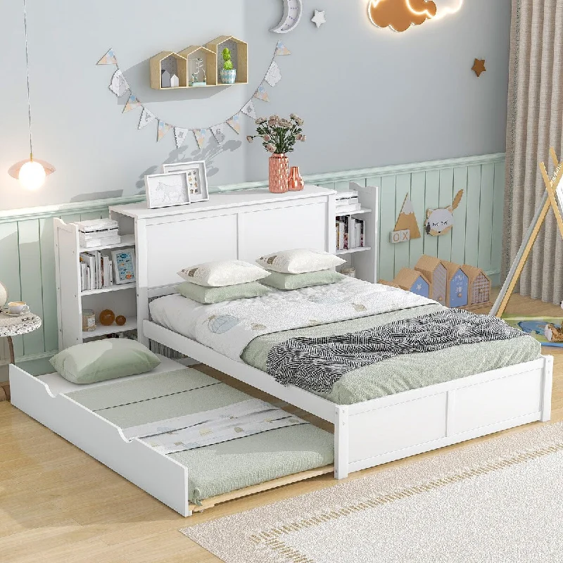 Full Storage Platform Bed with Trundle and Pull-Out Shelves