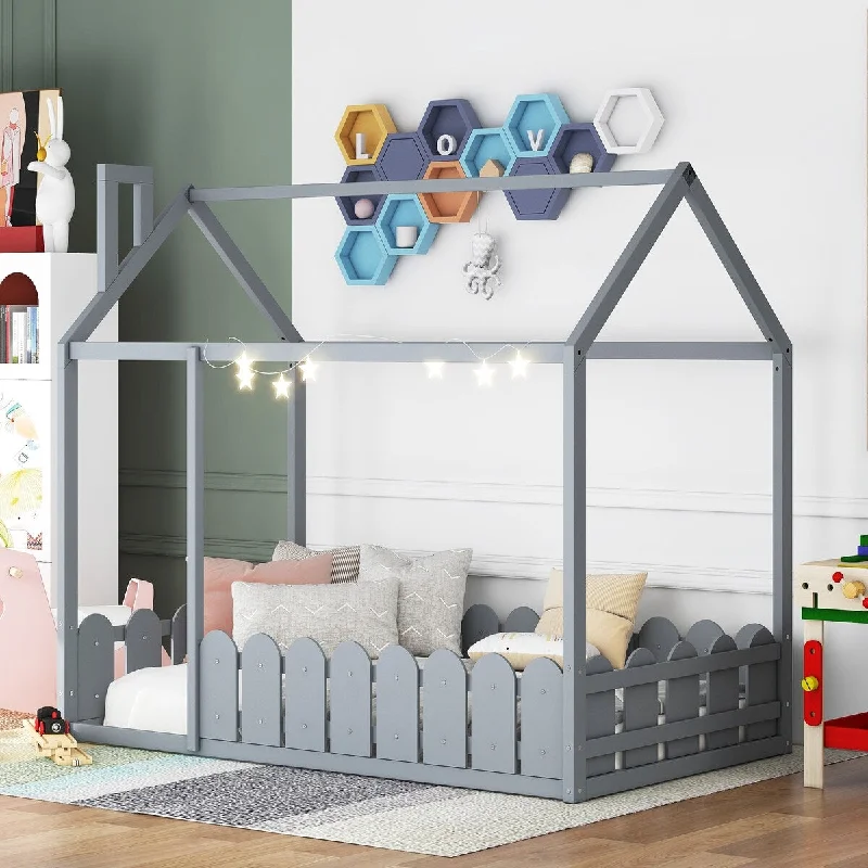 Gray Kids Wood Bed House Frame with Roof, Fence, and Playhouse Design