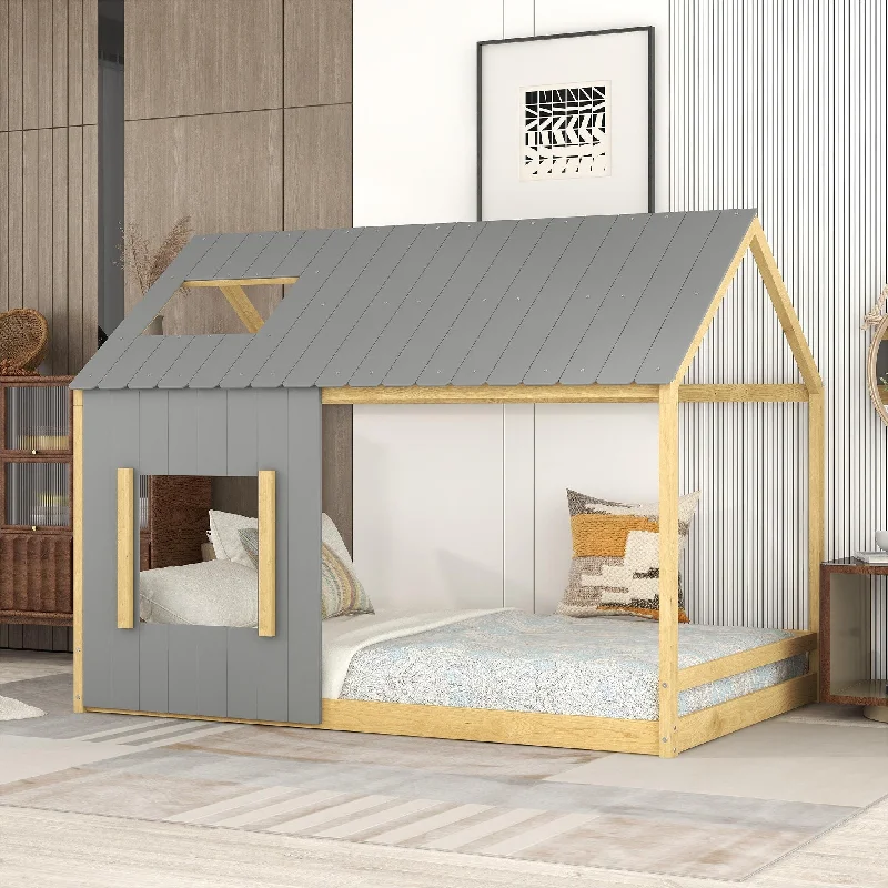 Gray/Natural Full Size House Bed with Roof and Window