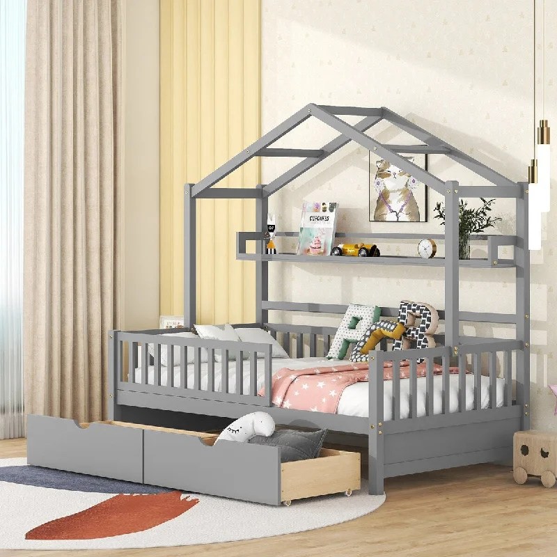 Grey Pinewood House Bed with Roof, 2 Drawers, and Shelf, Full-Length Guardrails