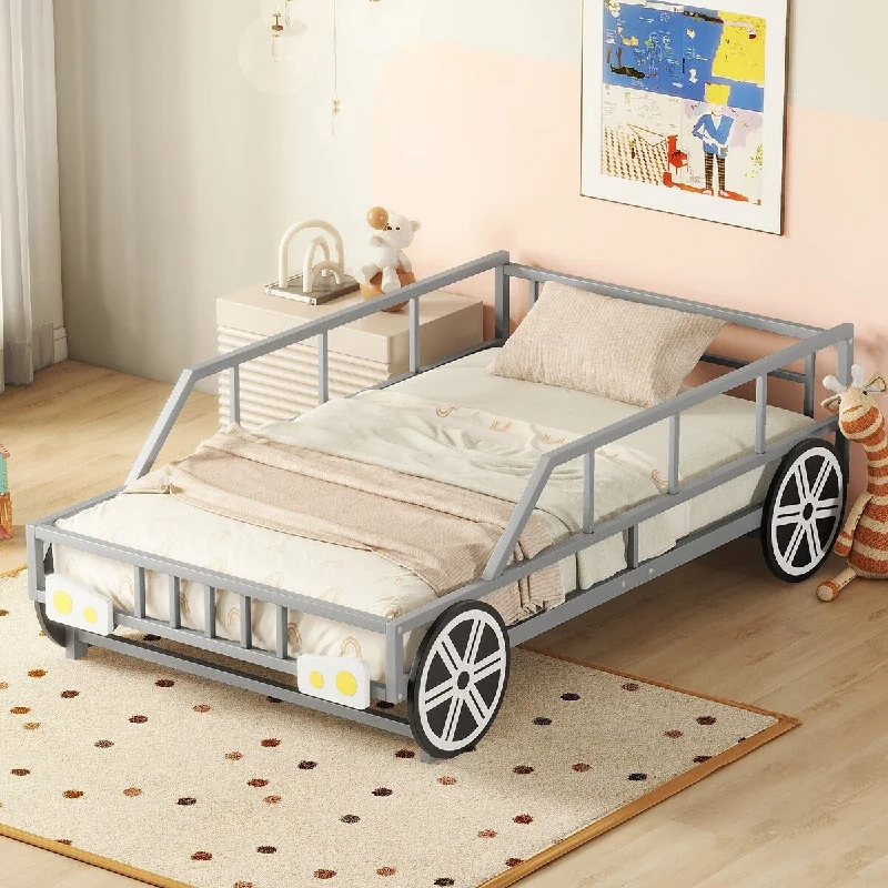 Metal Twin Car Bed with Wheels and Headlights Decoration