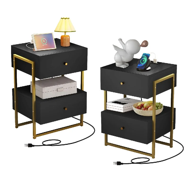 Modern Black Nightstand Set of 2 with Charging Station and USB Ports for Living Room and Bedroom