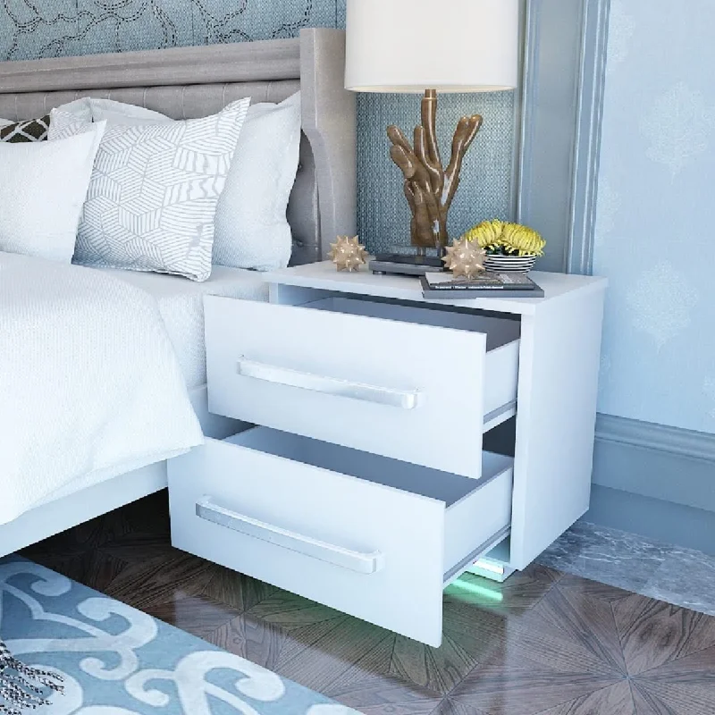 Modern High Gloss Nightstand with Muticolor LED Lights, 2 Drawers Bedside Table with Remote Control Light Side Bed