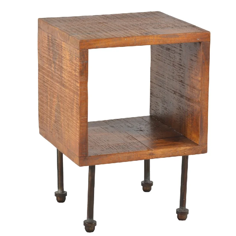 Modern Industrial Handmade Nightstand with Cube -Shaped Acacia Wooden Frame & Metal Legs Base，Suitable for Bedroom Living Rooms