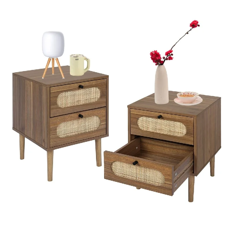 Nightstand, Rattan Nightstand Set of 2, Night Stands for Bedrooms Set of 2, Bedside End Table, Modern Wood Nightstands