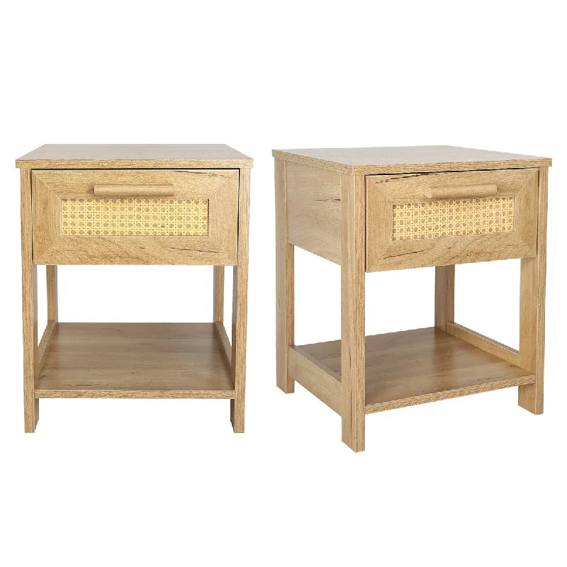 Nightstand Set of 2 End Table with 2 Drawer, Bedroom Rattan Small Dresse Dresser