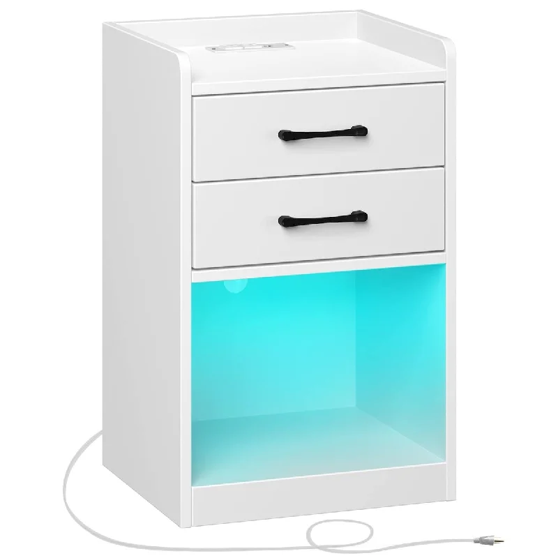 Nightstand -Tool Free Quick Install, End Table with Charging Station and LED Lights, Modern Bed Side Table with 2 Drawers,