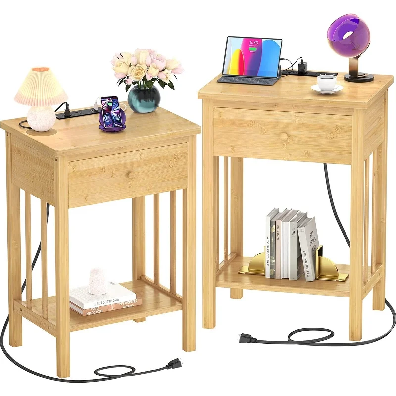 Nightstand with Charging Station, Bamboo Nightstands Set of 2, Wood Bedside Table with USB Ports and Outlets,