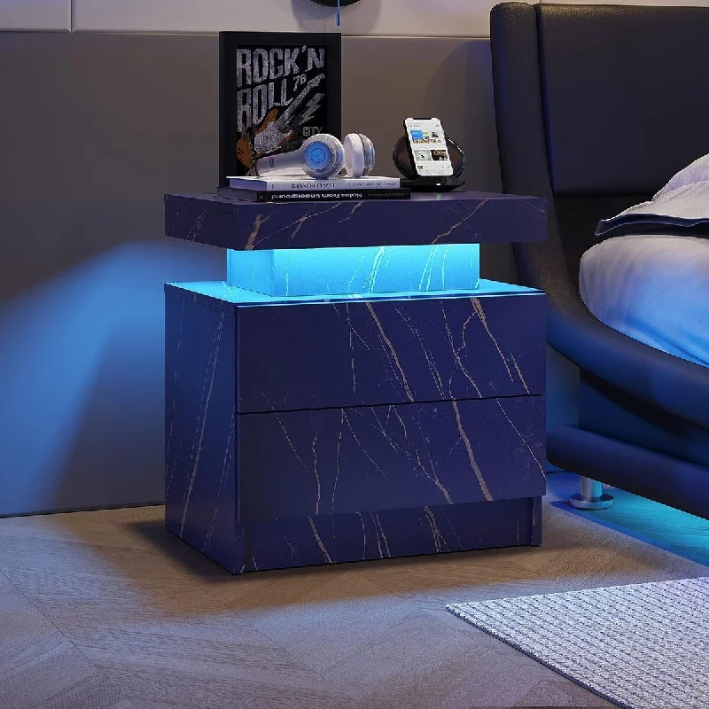 Nightstand with LED Lighting, Bedside Table Cabinet, Modern End Side with 2 Drawers for Bedroom (Blue Gold)