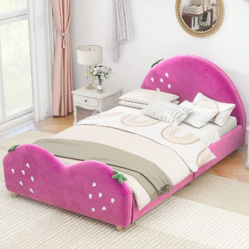 Pink Twin Upholstered Bed with Strawberry Headboard