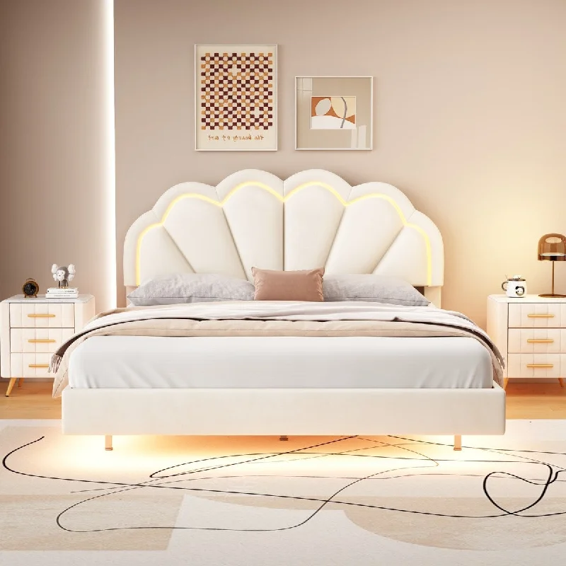 Queen Platform Bed with Smart LED Lights for Ambiance