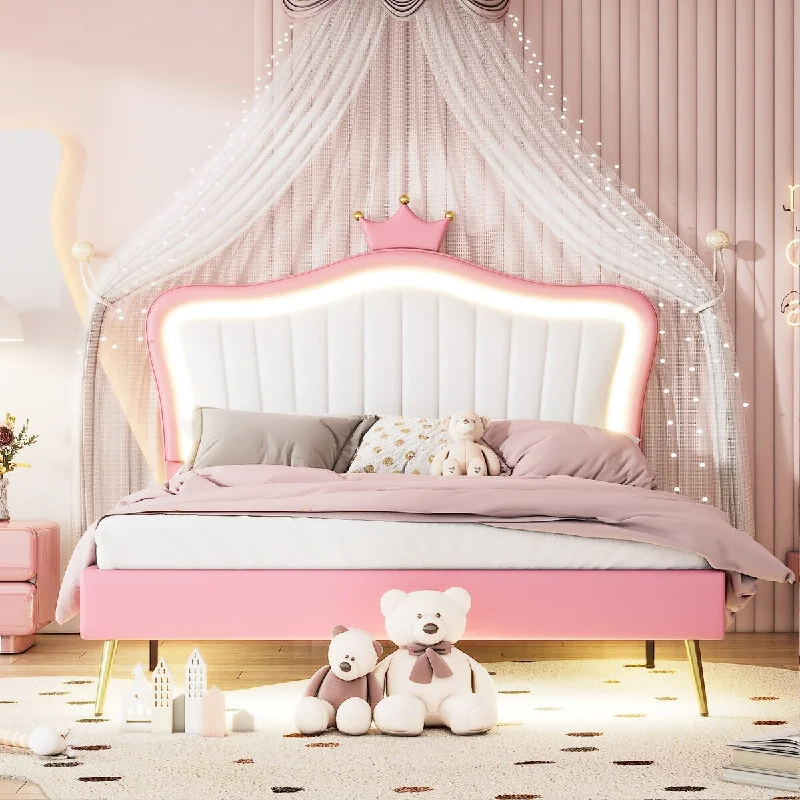 Queen Size Princess Bed,Upholstered LED Bed Frame With Crown Headboard,Pink