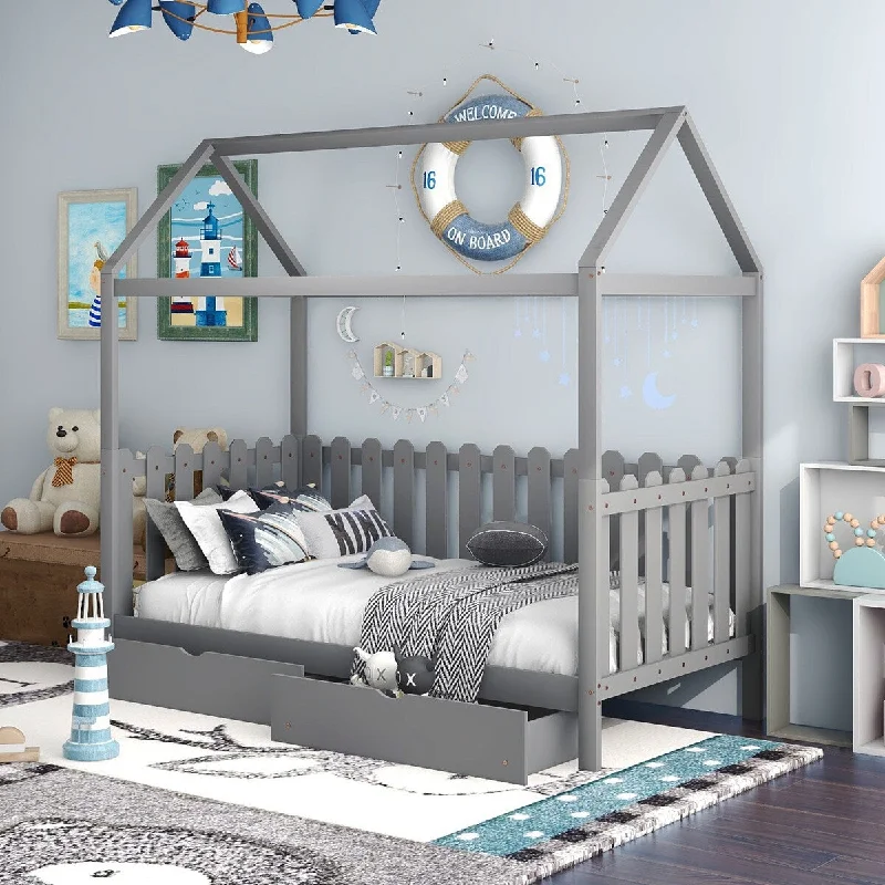 Twin Size House Bed with Drawers and Fence Guardrail